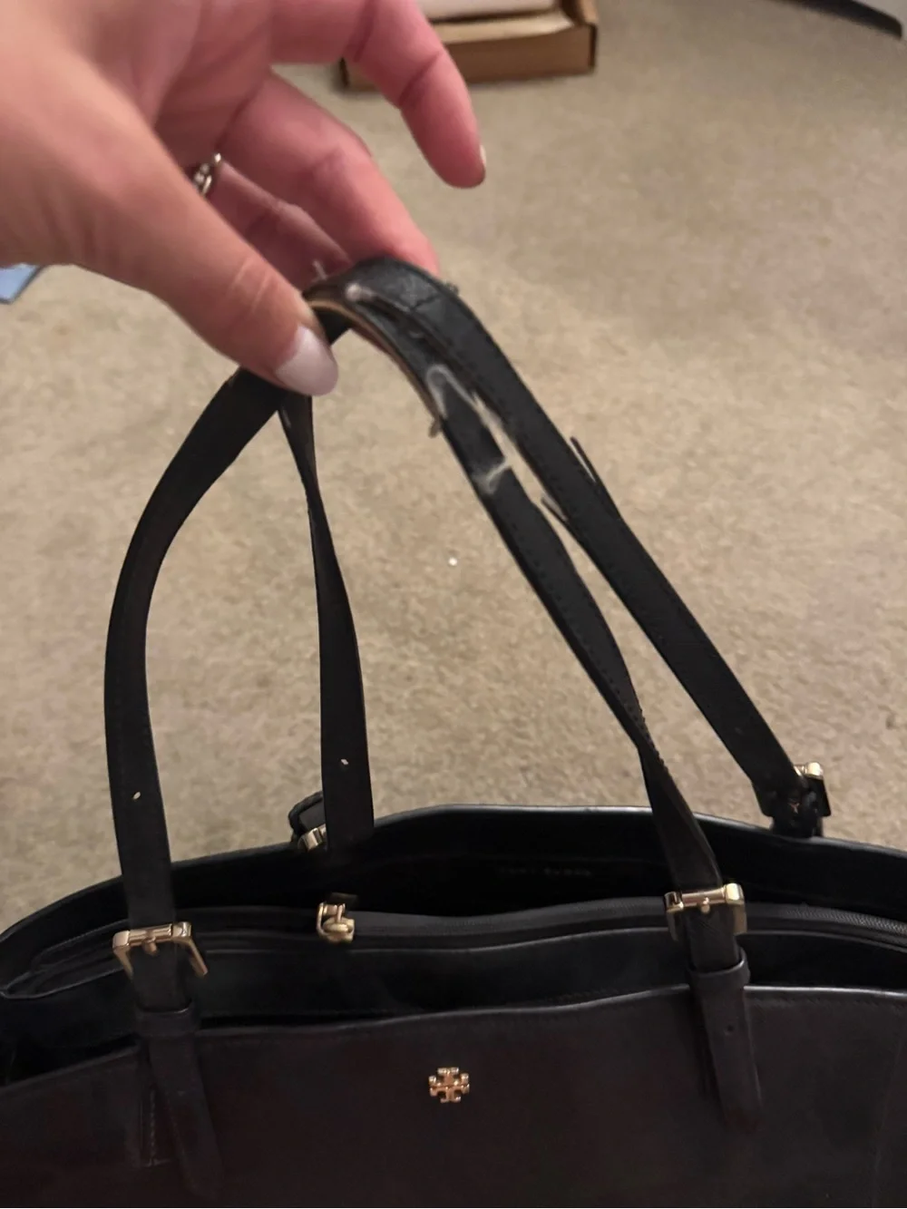Tory Burch Black Sathiano Leather Tote with Gold Accents